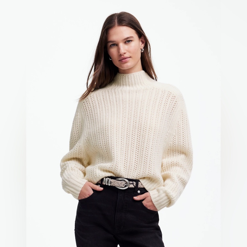 Madewell Pointelle-Stitch Mockneck Sweater in Heather Ivory
